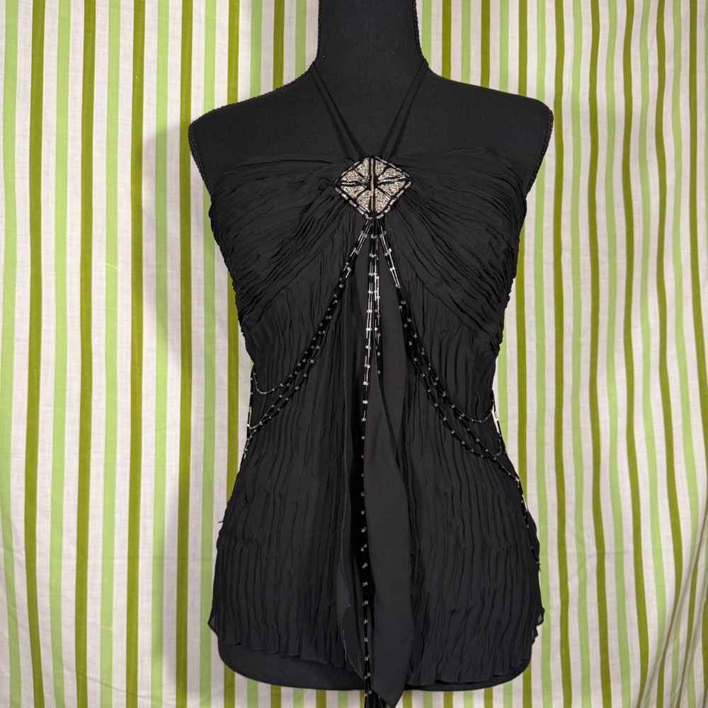 Kaelyn-Max Black Beaded Halter Top, Chiffon Layered Top, Size Medium - Picture 6 of 16